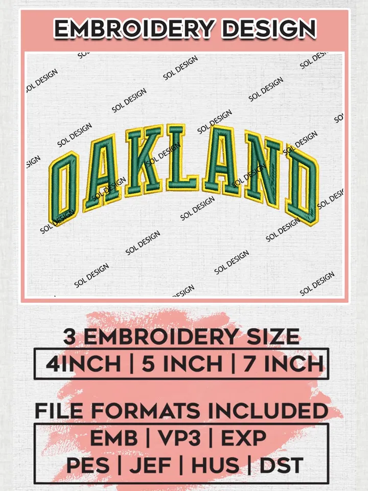 MLB Oakland Logo Embroidery Files, MLB Oakland Athletics Team Embroidery, MLB Teams, 3 sizes, MLB Machine embroidery designs, Digital Download