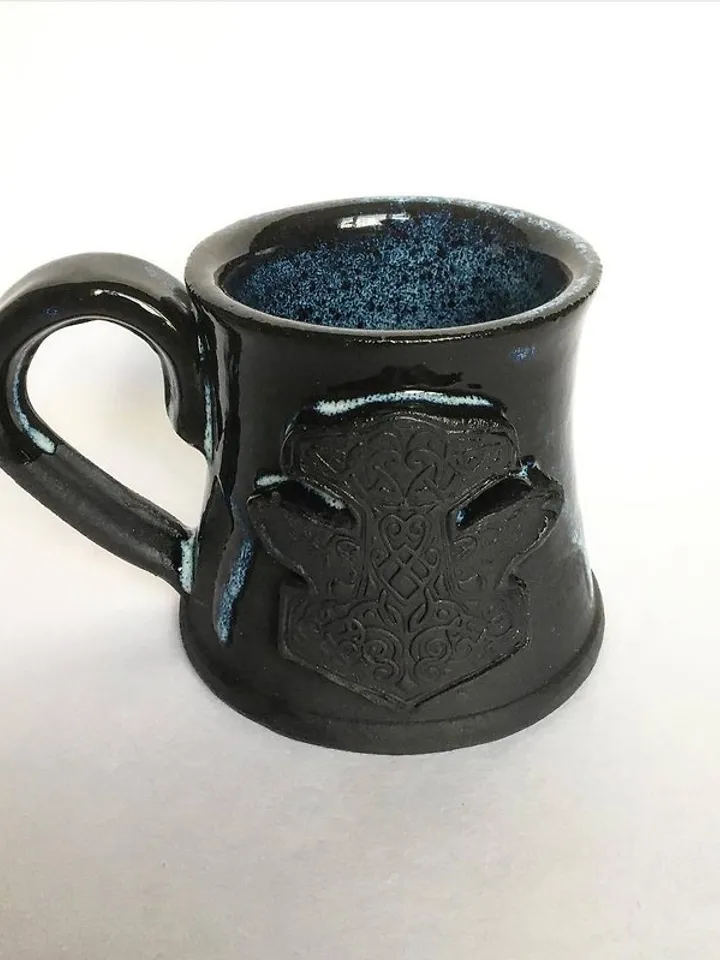 Thor Hammer Mjolnir Huginn and Muninn Black blue glazed dripping stoneware mug