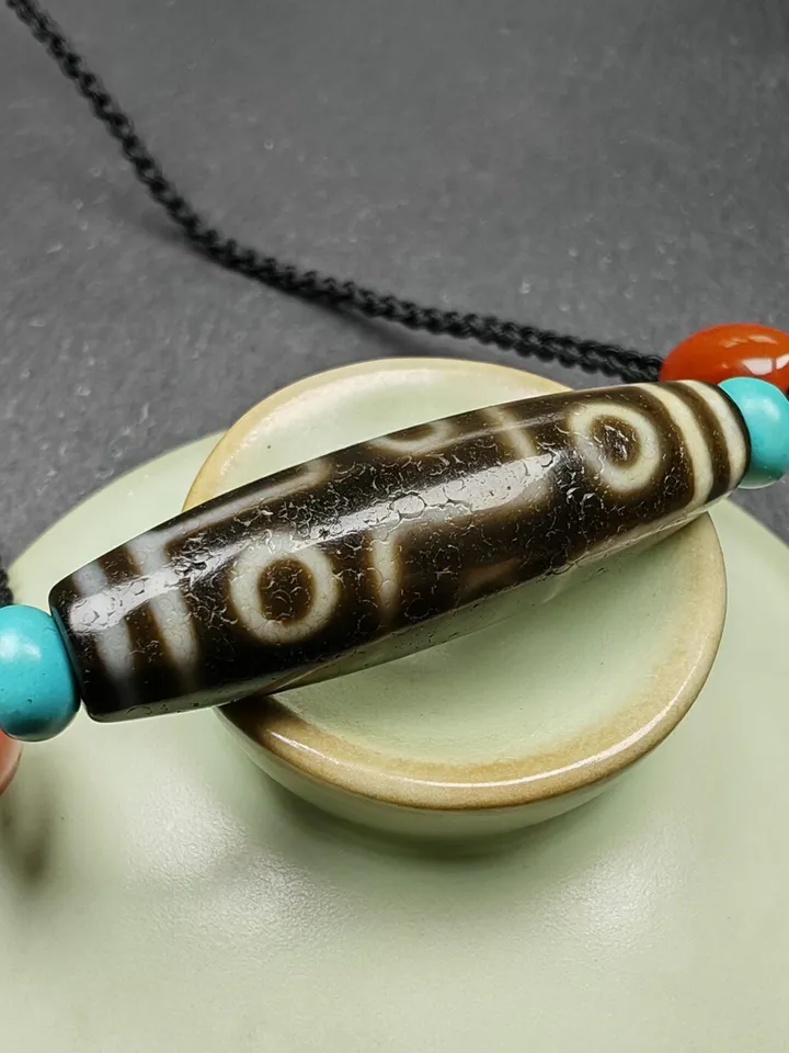 Gandhanra Vintage Tibetan 9 Eyes Dzi Bead Necklace,Protective Charm,Spiritual Gift,1.5" x 0.4"