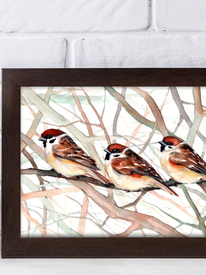 Original watercolor sparrows painting 8x11 in, sparrows on a branch by Anne Gorywine