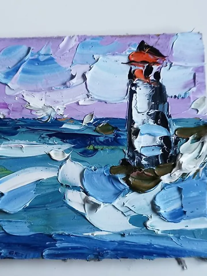 Lighthouse Painting Ocean Original Art Small Impasto Oil Painting by Verafe