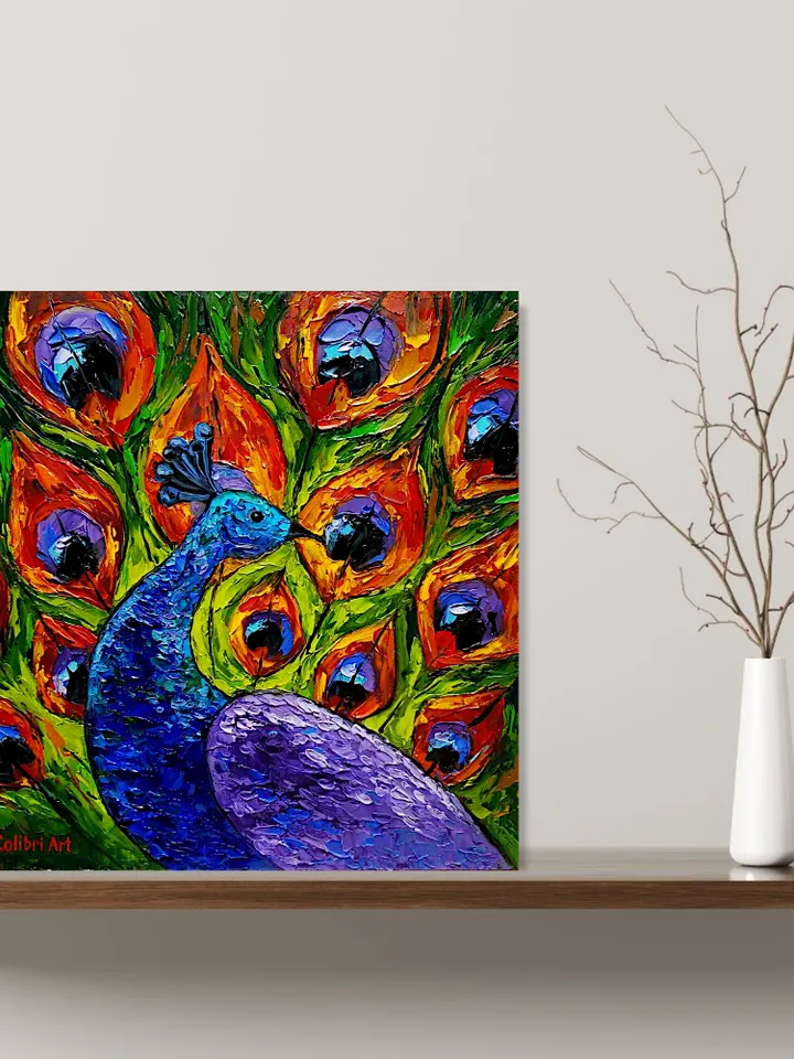 Peacock Painting Bird Original Art Animal Painting Impasto Colorful Wall Art Rainbow Small Art 12" x 12" By Colibri Art