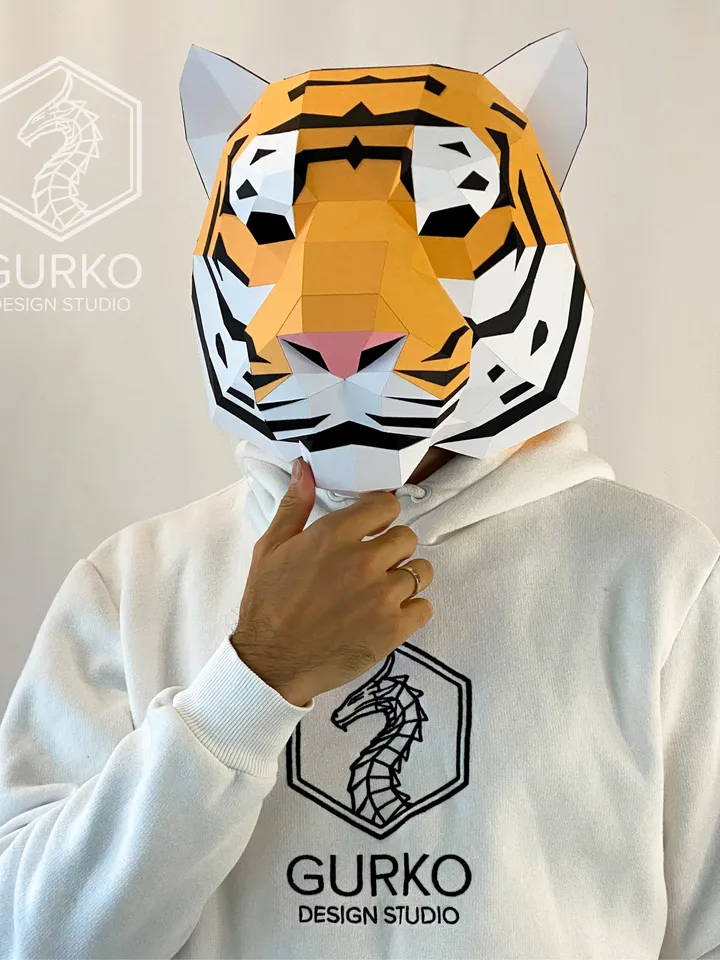 Tiger Mask Papercraft, Cat, Digital Template, PDF Download, Gurko, 3D Low Poly Animal Mask, DIY Origami, Pepakura, Paper Mask, DIY Costume