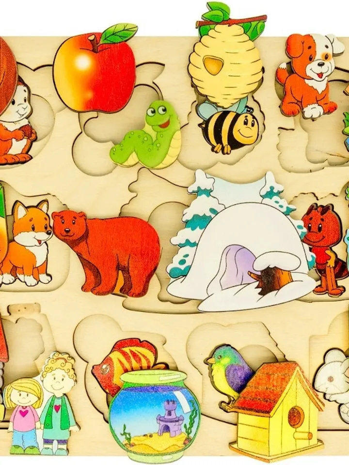 Wooden Puzzle - animals and houses, Montessori toddler toy, jigsaw board