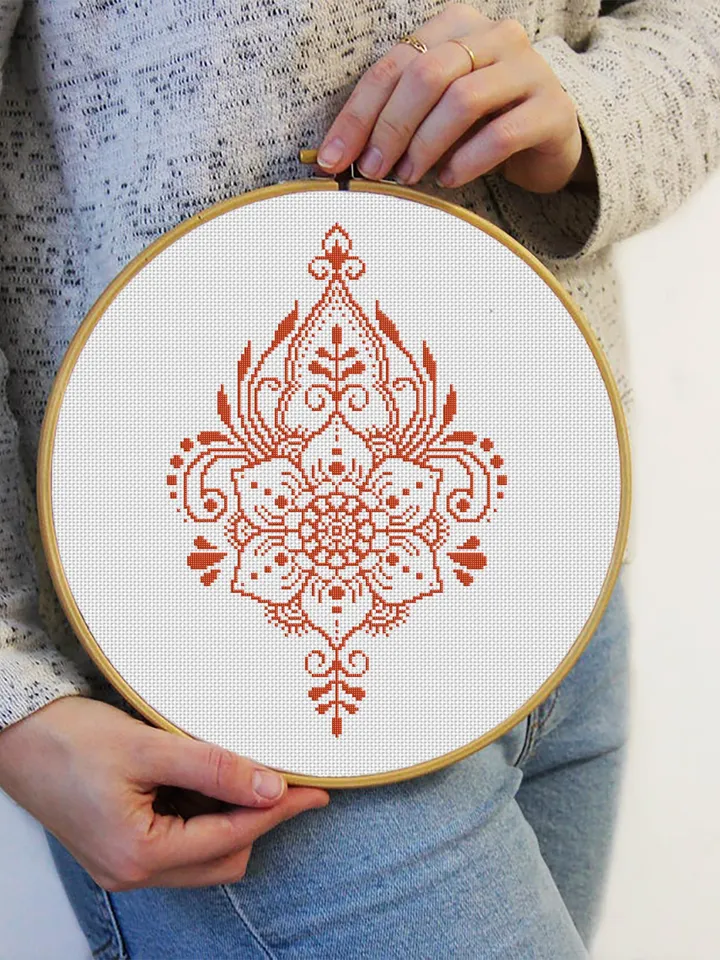 Flower cross stitch pattern download PDF, Monochrome mandala cross stitch chart, Modern beginner stitch, Floral ornament embroidery PDF #M55