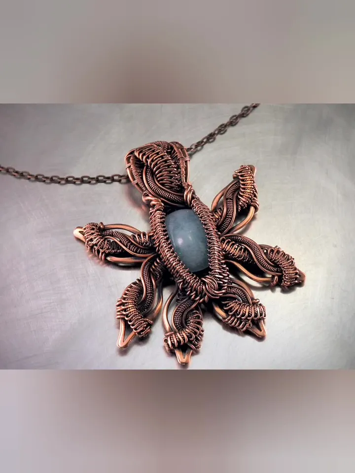 Large Star pendant this natural aquamarine Unique copper wire wrapped necklace
