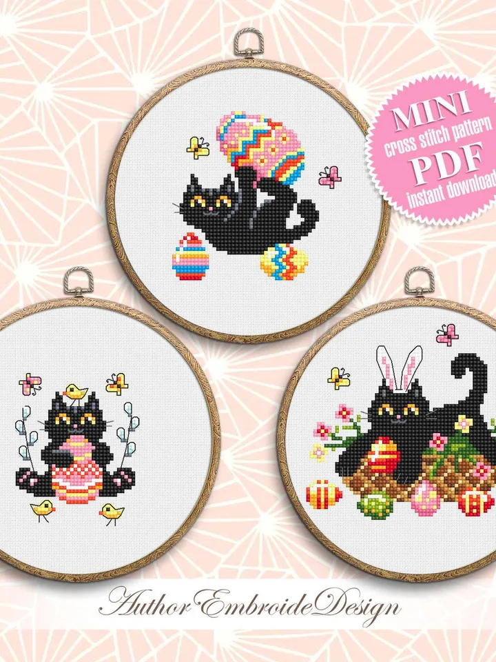 Set Black cat cross stitch pattern PDF download Easter cross stitch chart, Mini cat pattern digital PDF, Easter eggs, Cat holiday cards #T41