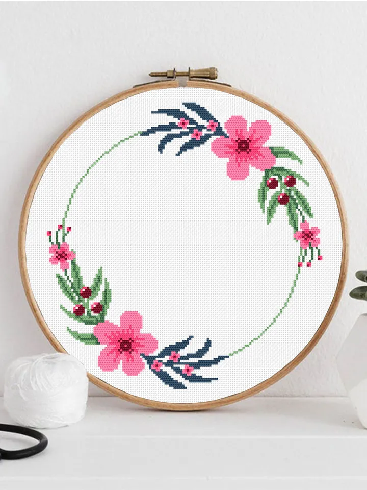 Flower wreath cross stitch pattern PDF Floral frame cross stitch chart, Easy cross stitch border, Your text here, Flowers hoop art #Y1