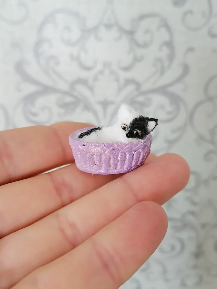 Cat. Cat in a basket dollhouse miniature. Scale 1:12. Puppet miniature.