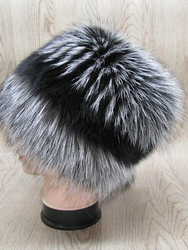 Women's fur hat made of silver fox with arctic fox. Warm hat for winter. Silver hat with black. Sits comfortably on the head