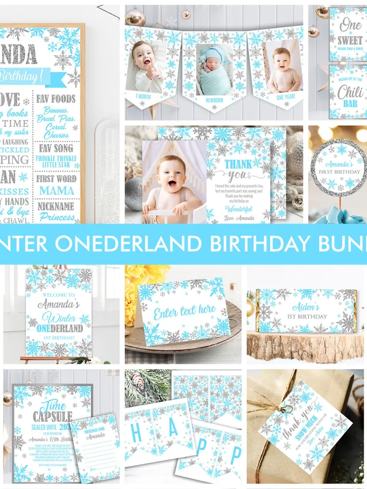 Winter Onederland Birthday Boy Decorations, Winter Onederland Birthday Party Package Bundle, Blue Silver Snowflakes  Editable Template