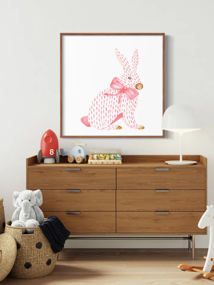 Pink Rabbit and Bow Painting, Watercolor Bunny Print, Pink Bow Art, Chinoiserie Wall Art, Nursery Wall Print, Girls Room Decor, Asian Print