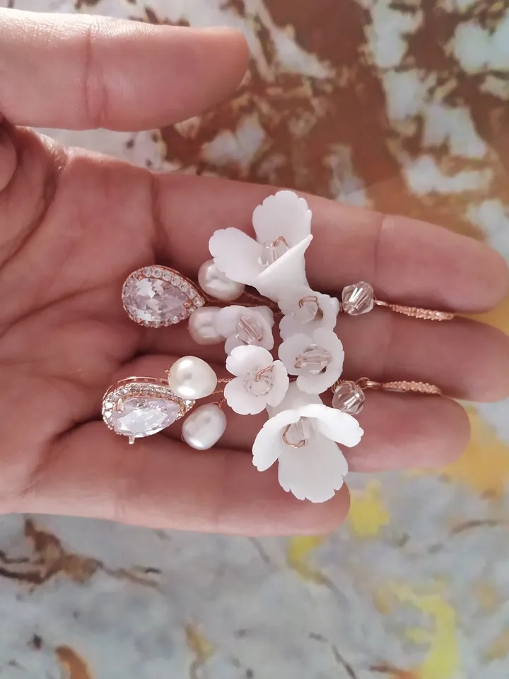 Porcelain Flower Rose Gold Earrings, Diamond Wedding Earrings, Freshwater Pearl Bridal Earrings, Boho Wedding Earrings, Boho Bridal Earrings