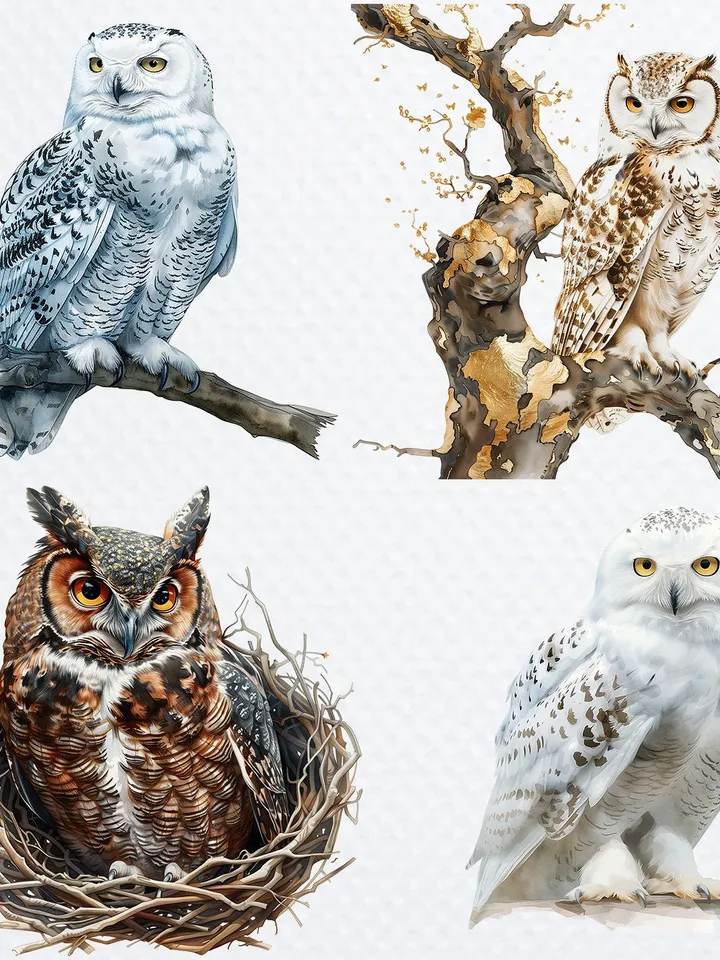 13 PNG Snow and Barn Owl Bundle, Watercolor Owl Clipart for sublimation, Cute Owl Clip Art, Digital Watercolor clipart, Printable print