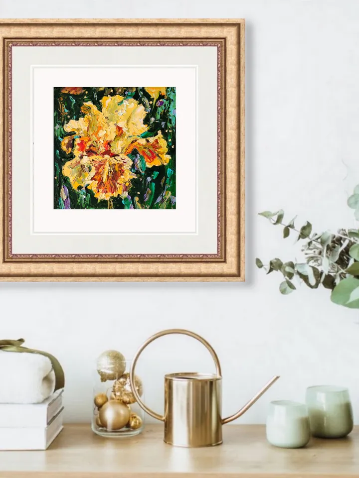 Iris painting Floral Original Art 6 by 6 Yellow flower impasto artwork by Natalia Plotnikova