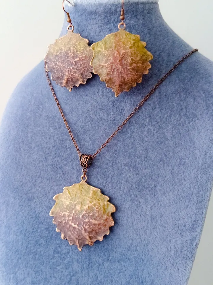 Set Aspen leaf pendant and earrings, real copper leaves, real aspen leaf, Nature Lover, Electroforming, Gift for wife