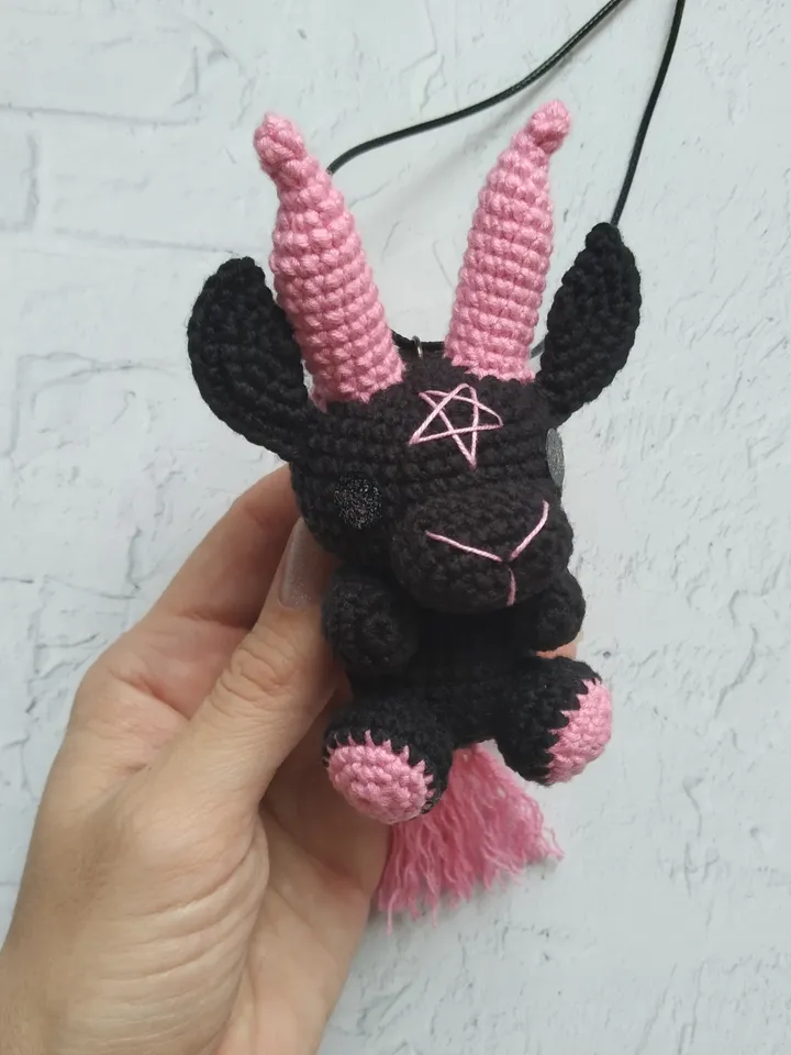 Baphomet gothic car accessories, crochet plushie car charm, hanging plush, creepy car decor, rear view mirror accessories, car interior, goth car, horror car decor, weird sharm, baphomet amigurumi, demon plushie