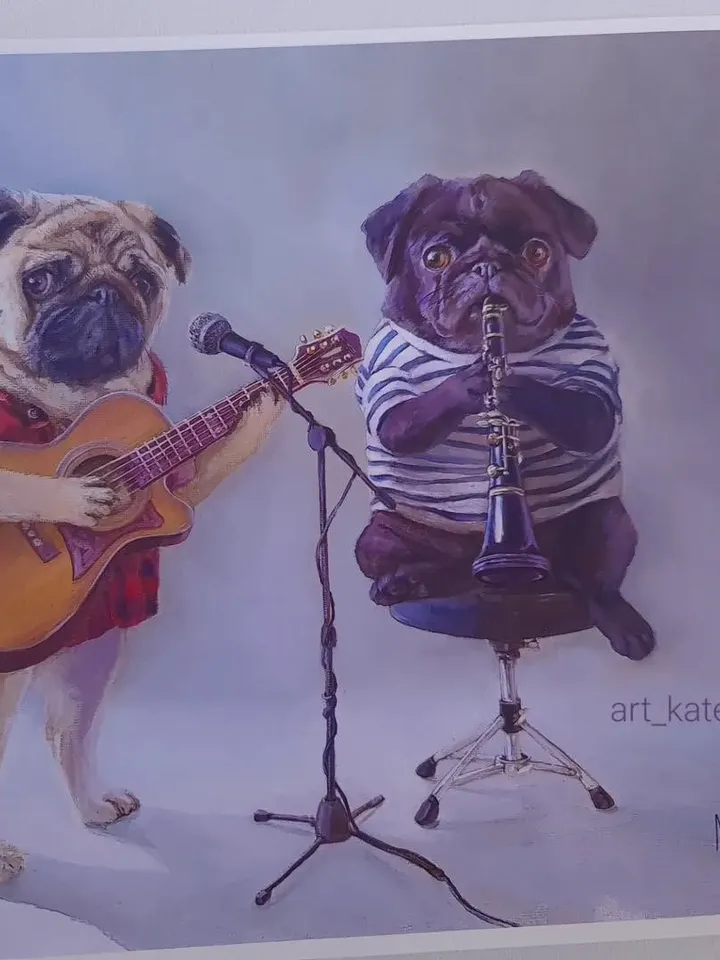print of oil painting Pugs musicians