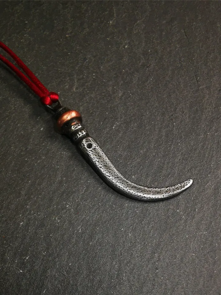 Gandhanra Handmade Tibetan Amulet ,Wolf Tooth Pendant with Leather Cord,Made of Cold Iron inlaid Copper,1.77"