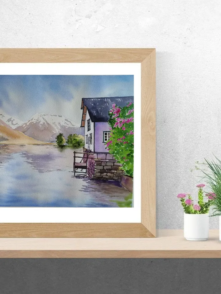 Mountain Lake Painting Lake Landscape Art House on the Lake Artwork Original Watercolor Painting 11.81x15.74 in by SoftWaves
