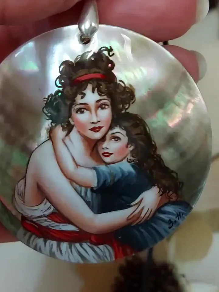 Pearl pendant necklace: Mother and child by Elisabeth Vigee-Le Brun on gorgeous necklace. Painted lacquer jewelry gift for baby shower party