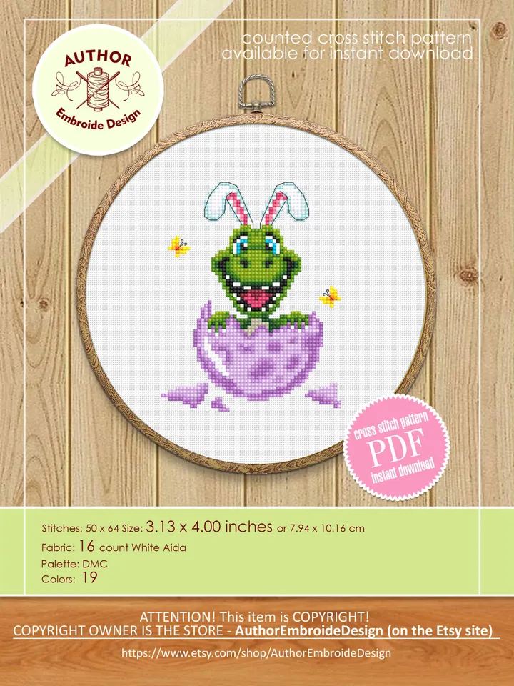Funny dinosaur easter cross stitch pattern PDF download, Set of 2 small dinosaur cross stitch chart, Cute dino pattern digital PDF #T29