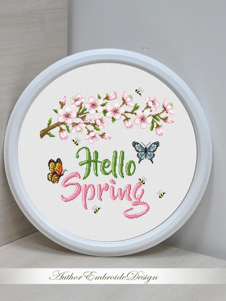 Hello spring cross stitch pattern PDF download Cherry blossom cross stitch chart, Floral pattern digital PDF Sakura flower cross stitch #Q66