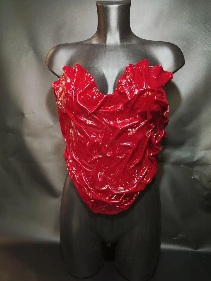 Red corset, cosplay corset, custom corset, crop top, plastic cotset, unique corset, festival corset, golden wave corset, photo props