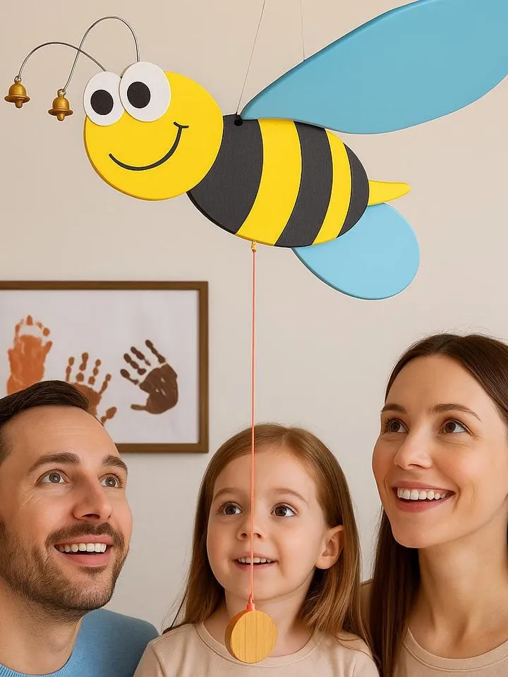 Handmade Wooden Bee Mobile – Flying Insect Toy with Moving Wings, Eco Nursery Decor, Garden Ornament, Gift for Kids or Nature Lovers