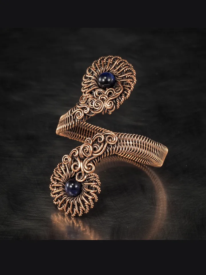Natural falcon eye cuff bracelet for woman, Copper wire wrapped flower bangle