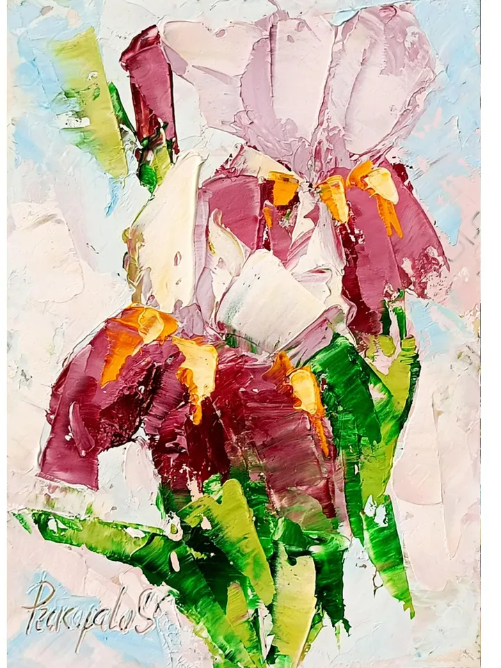 Iris original oil painting Flowers art. Original art Small painting Iris wall art Pink Iris artwork Floral wall decor Mini art 7x5 in