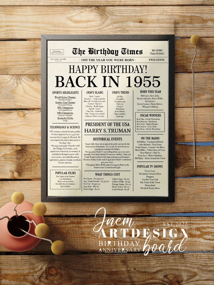 70th Birthday Newspaper Poster, Born in 1955, Back in 1955 USA Sign, 70 Years Ago Printable Decor, 70th Party Digital Gift
