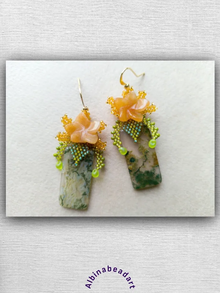 Carnelian moss agate earrings beaded earrings