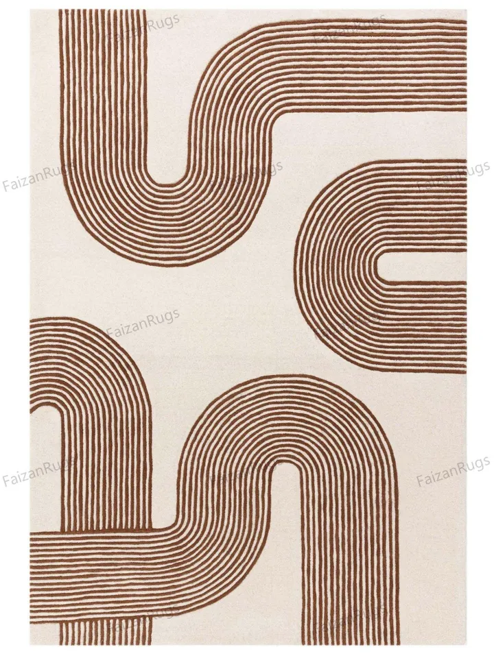 Abstract Lines Medium Sculpted Wool Rug Rust and Cream Hand Tufted 100% Wool For Living Room, Bed Room, Kids Room In Any Size 9x12,8x10,6x9