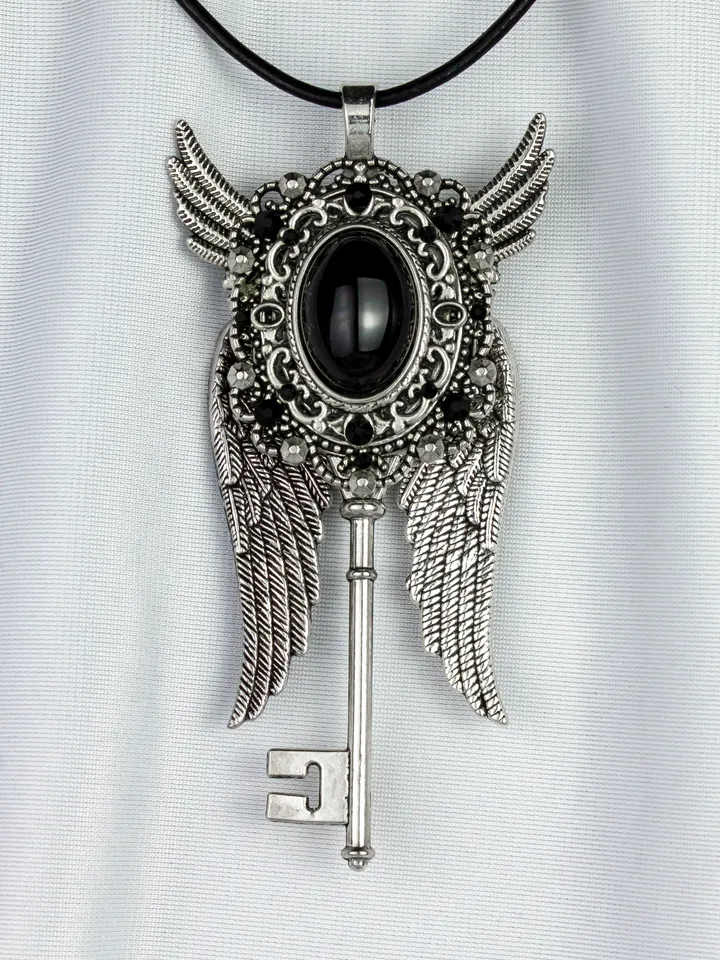Gothic Winged Key Necklace with Black Obsidian and Swarovski Crystals – Vintage Steampunk Jewelry