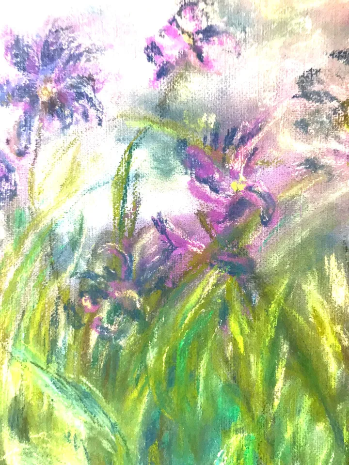 Irises painting,Iris flowers wall art pastel on canvas board impresionist style.