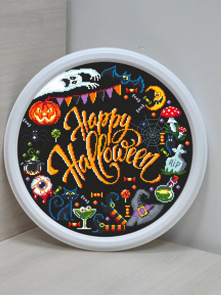 Happy Halloween cross stitch pattern download PDF Funny cross stitch Halloween quotes chart Modern cross stitch Cute Halloween pattern #H21