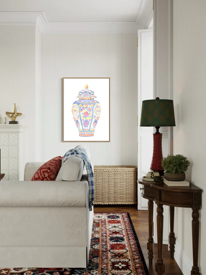 Blue Chinoiserie Vase Watercolor Painting, Pink Ginger Jar Art, Chinoiserie Chic Art, Hamptons Style, Vintage Chinoiserie, Charleston Art