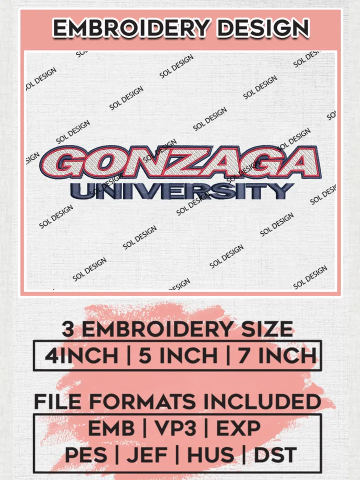 NCAA Gonzaga Uni.versity Team Word Logo Embroidery Design Files, NCAA Gonzaga Bulldogs Machine Embroidery, NCAA Teams, Game Day, 3 sizes, NCAA Machine embroidery designs, Digital Download