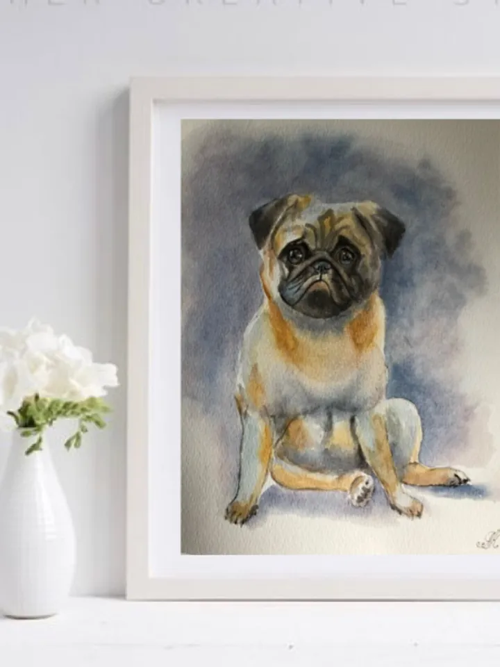 Cute dog pet portrait painting living room wall art original watercolour hand painted modern painting