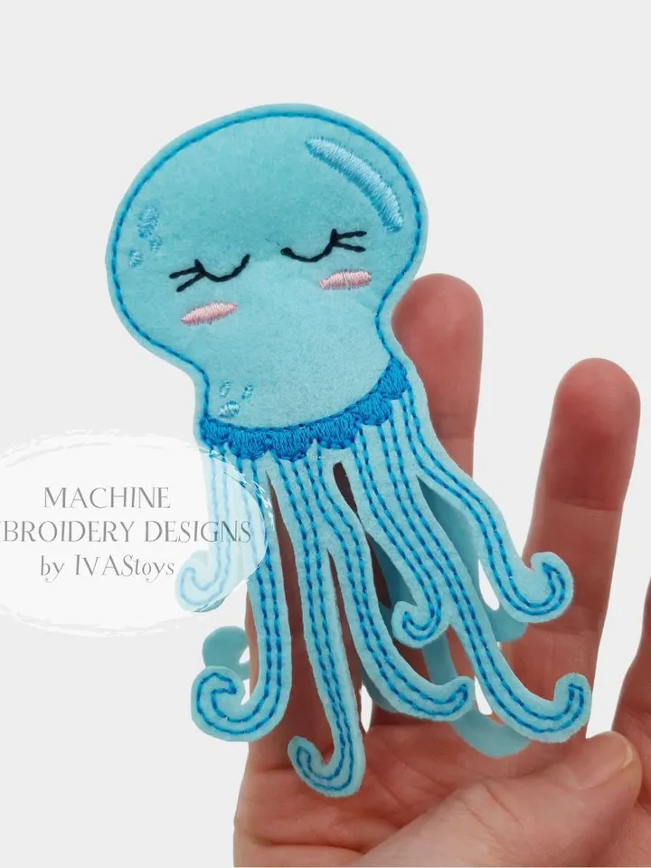 Jellyfish Finger Puppets ITH Embroidery Design Set (4 pcs), Cute Ocean Animals Felt Puppet Pattern, Sea Life Toy Digital File