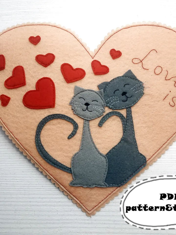 felt pattern, Valentines day card, Valentines day card pattern, felt cute postcard pattern, felt heart pattern, Valentines day gift, Valentines day décor, felt heart PDF sewing pattern, love romantic card, anniversary engagement card, Valentines ornament