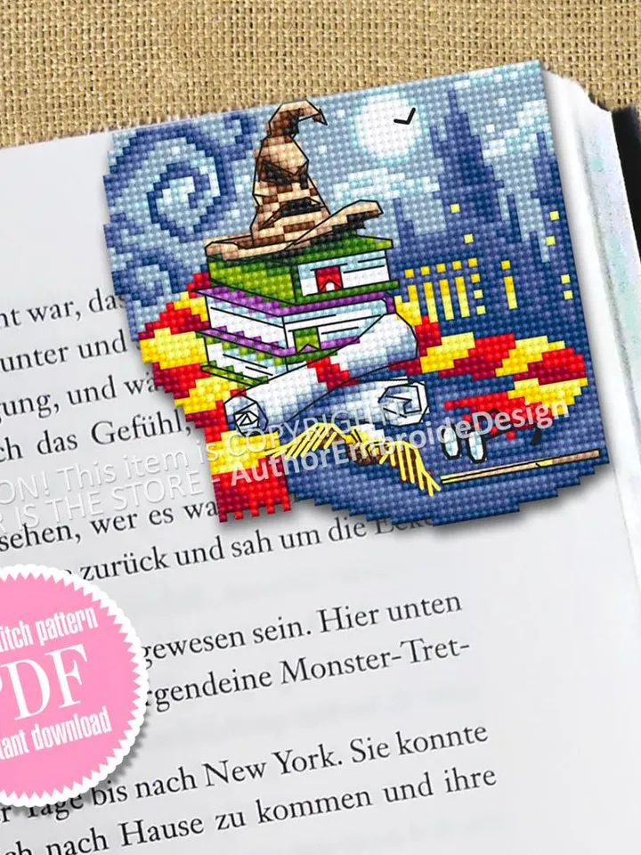 Corner bookmark cross stitch pattern PDF download Wizard school cross stitch chart, Magic bookmark pattern digital PDF Wizarding world #B358