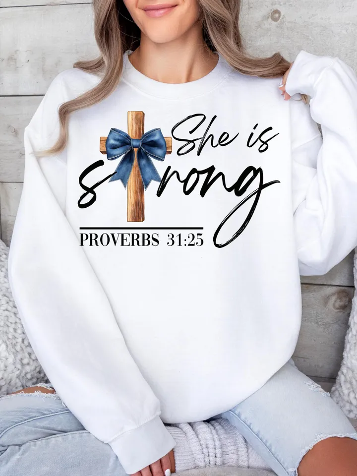 She is strong Proverbs 31:25 png,strong proverbs png,Christian png,Bible Verse png,God Jesus png,Religious png, Denim Coquettes Bow Png