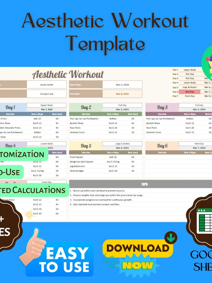 Aesthetic Workout Template, Editable Google Sheets, Digital Download for Fitness Planning & Muscle Definition Tracking