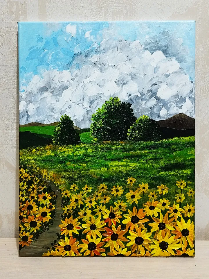 Sunflowers Landscape Textured Acrylic Painting Artwork Impasto