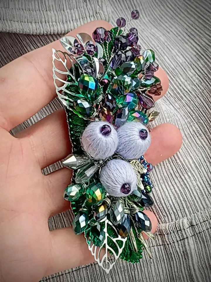 Handmade beaded jacket coat brooch pin berry, huge lapel brooch pin, leaf brooch for women, vegan floral jewelry gift