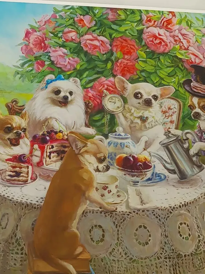 print of oil painting  dogs Tea party with Alice