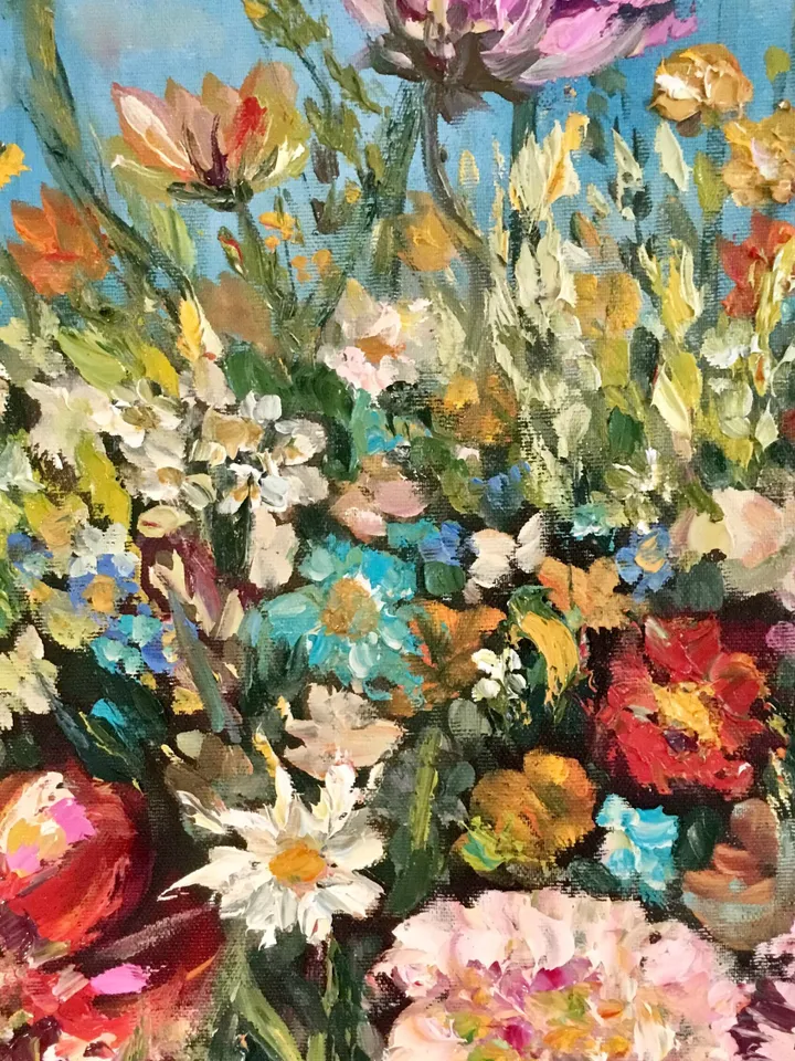 Colourful flowers original oil painting on unstretched canvas,field flowers painting,meadows painting,wild flowers wall art,flowers decor.