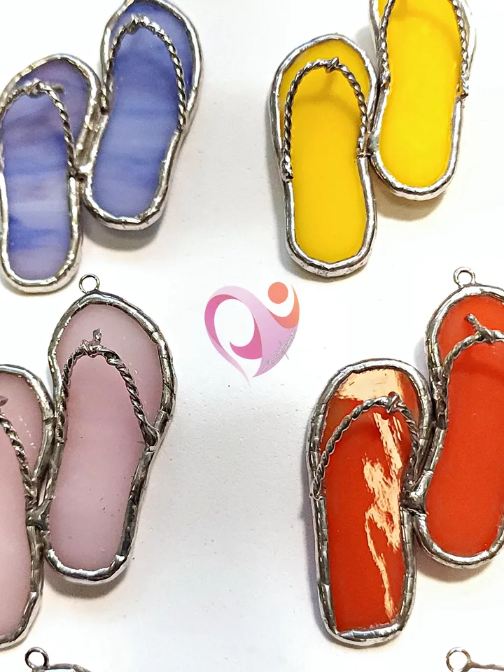 Real Stained Glass Flip Flop Car Charm or Bag Charm Suncatcher for Beach Lovers Cute Rear View Mirror Decoration Unique Purse Accessory